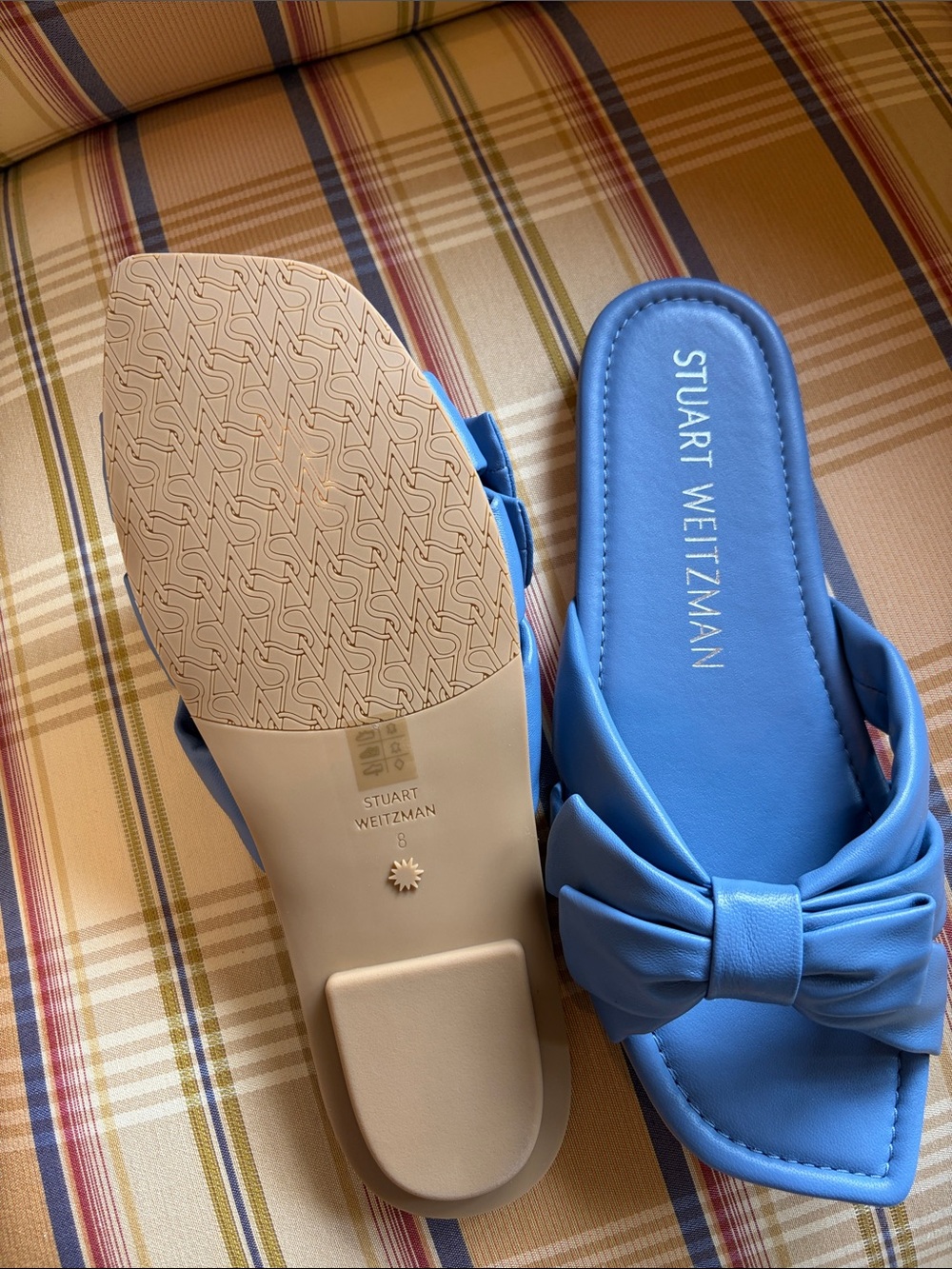 Stuart Weitzman Sky Blue Bow Slide Mules - Picture 2 of 3